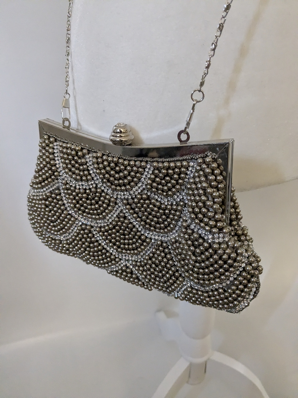 Vintage Pewter Beaded Evening Clutch with Silver Frame